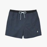 Dark navy blue swim trunks with a black elastic waistband and a white drawstring