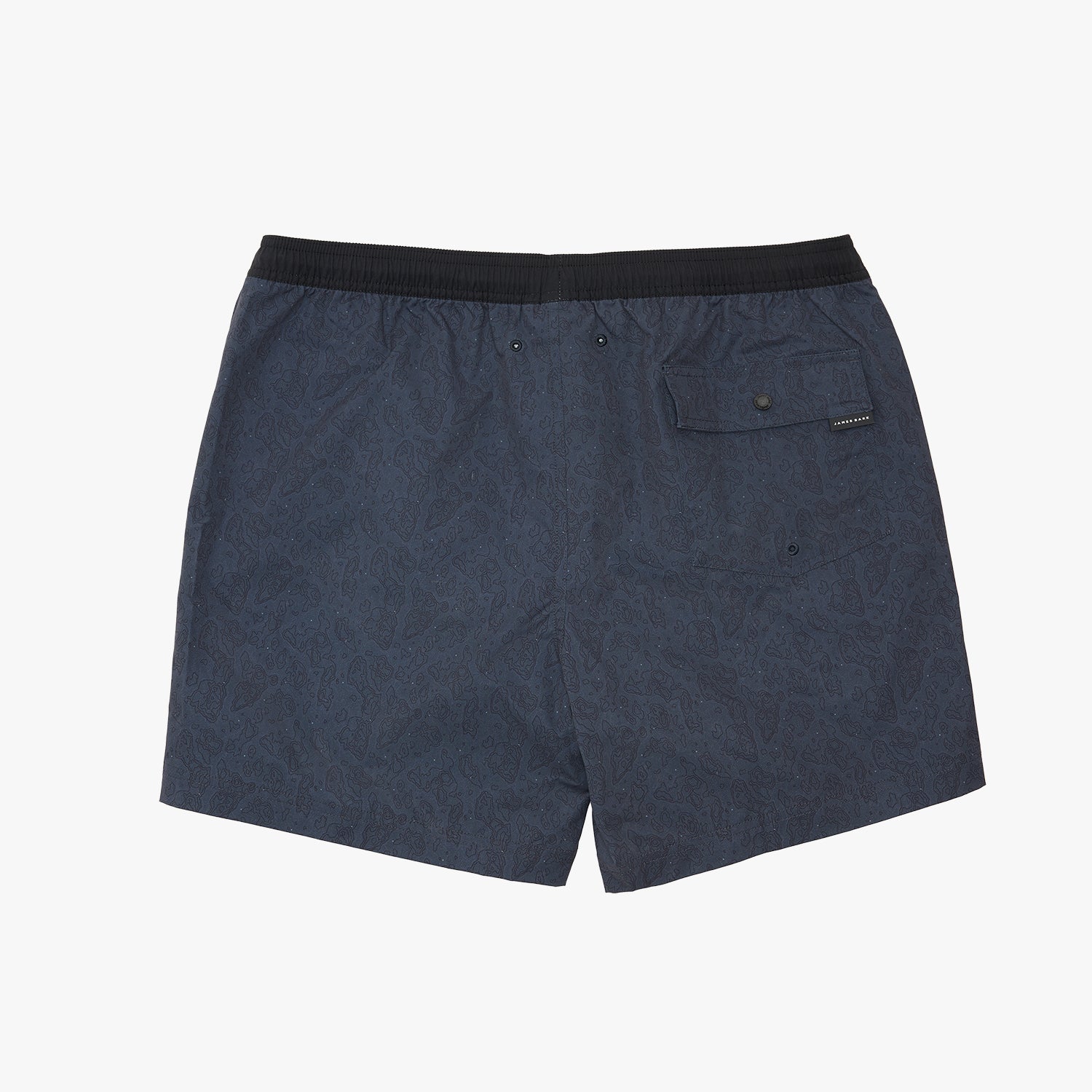 A pair of men's swim trunks in navy blue with a subtle tonal pattern, featuring a black elastic waistband and a side pocket