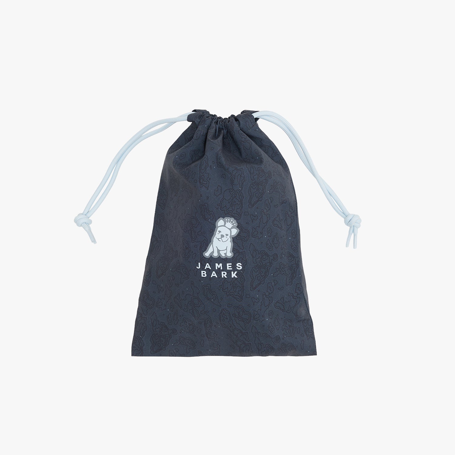 A dark navy blue drawstring pouch with a subtle tonal pattern, featuring a white dog illustration and the text 'JAMES BARK' printed on the front.
