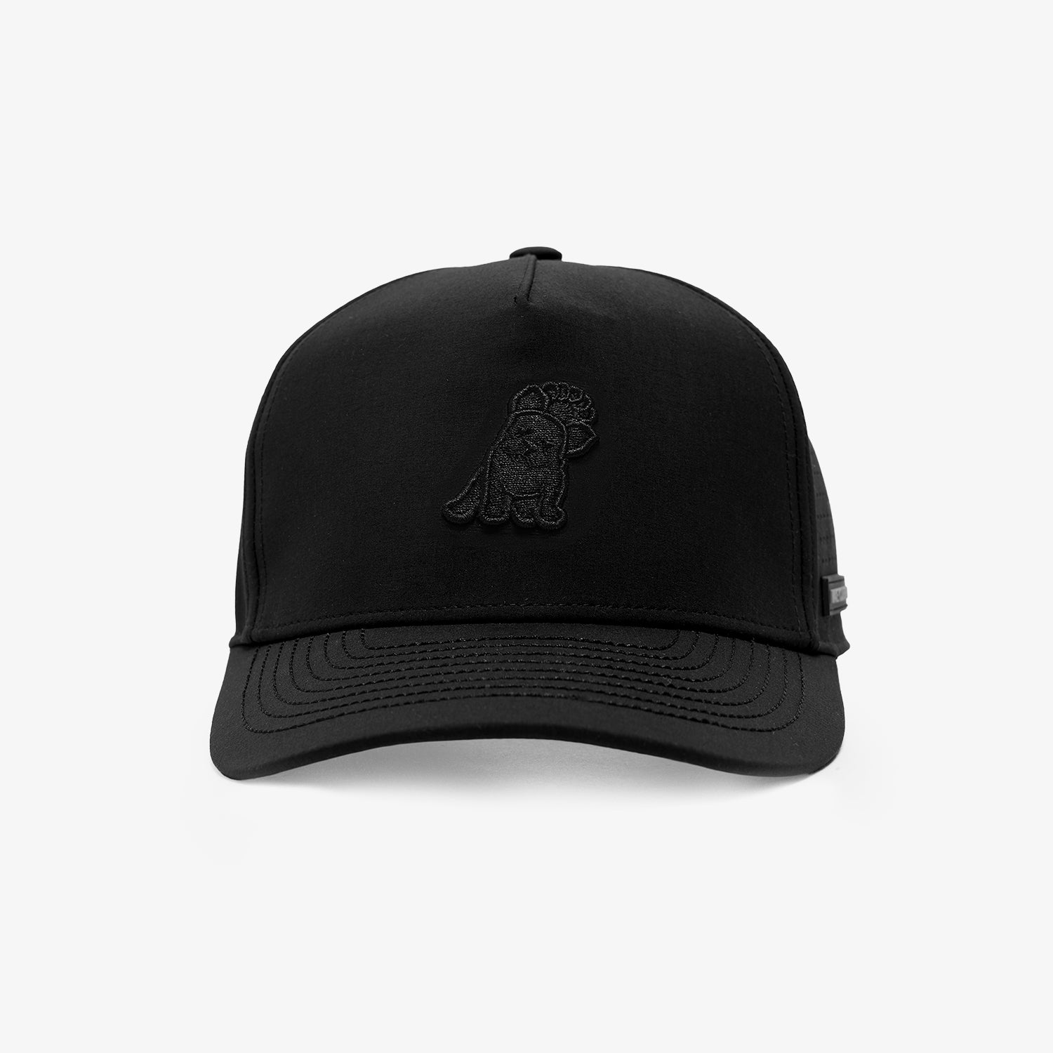 Black recycled cap with a black embroidered dog logo on the front