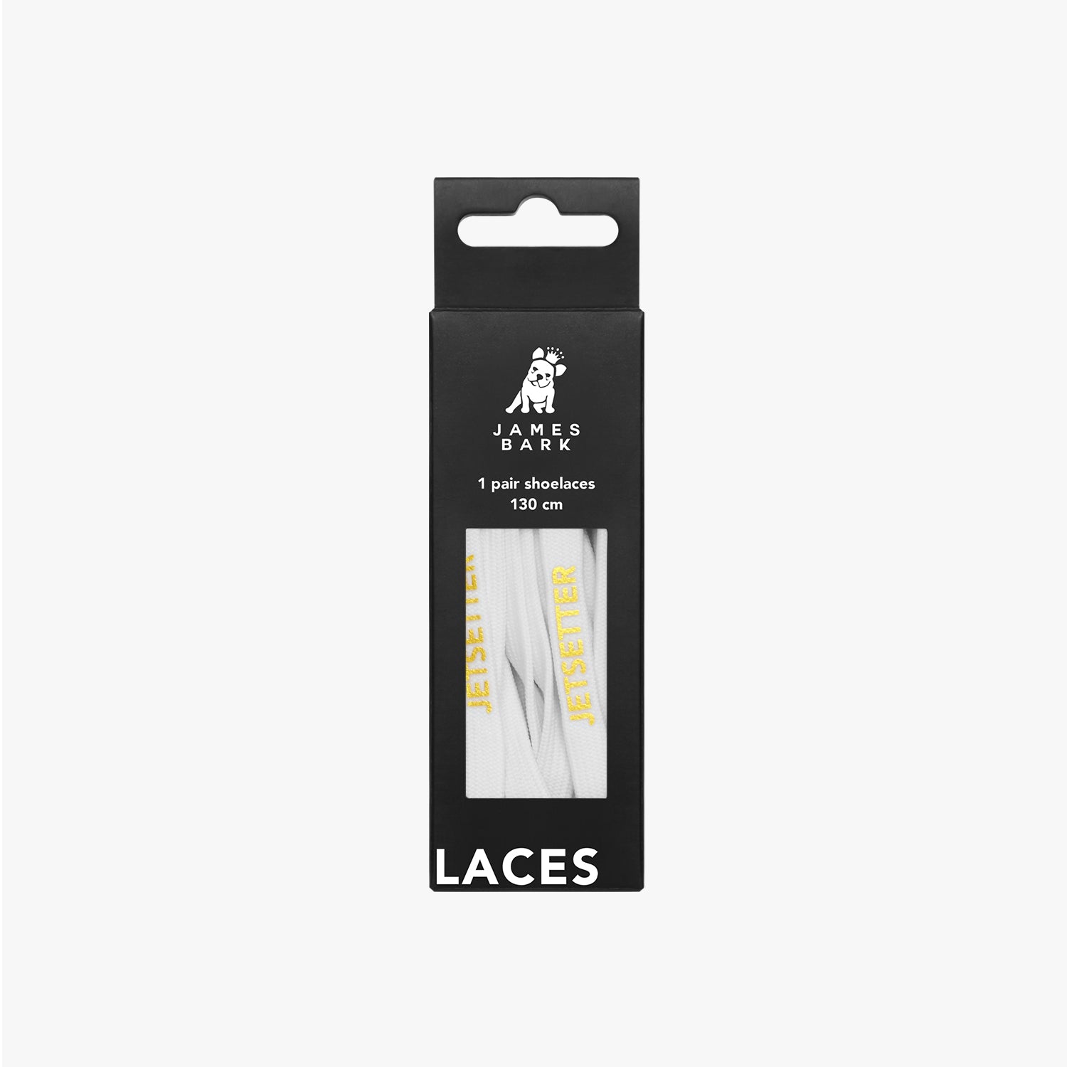 James Bark packaging for "Jetsetter" white shoelaces