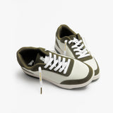 Olive green and white sneakers with white "Jetsetter" shoelaces
