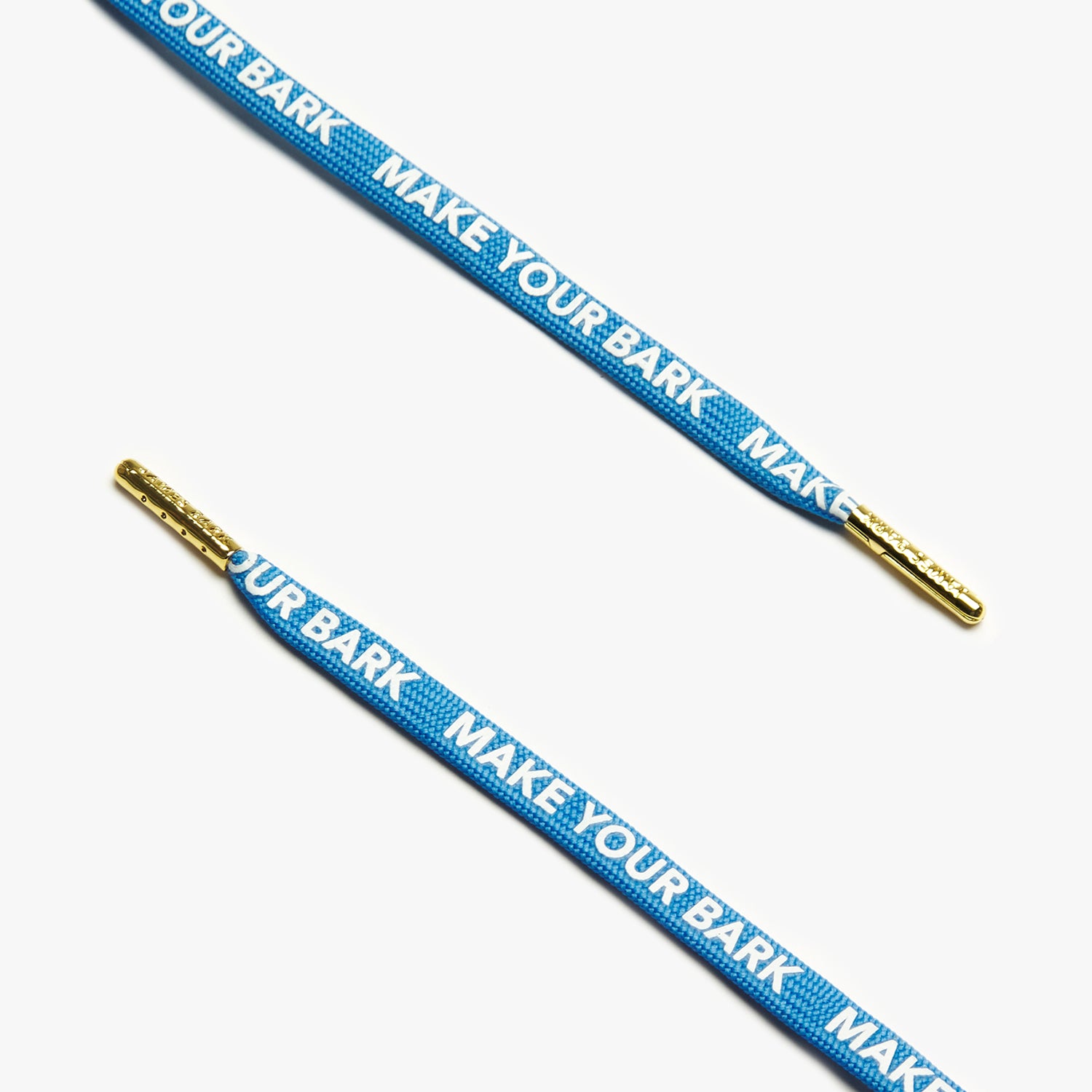 A close up of blue shoelaces displaying the text, MAKE YOUR BARK