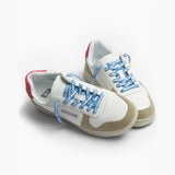Sneakers with Tan, Red and Blue detailing and Blue Shoelaces displaying MAKE YOUR BARK