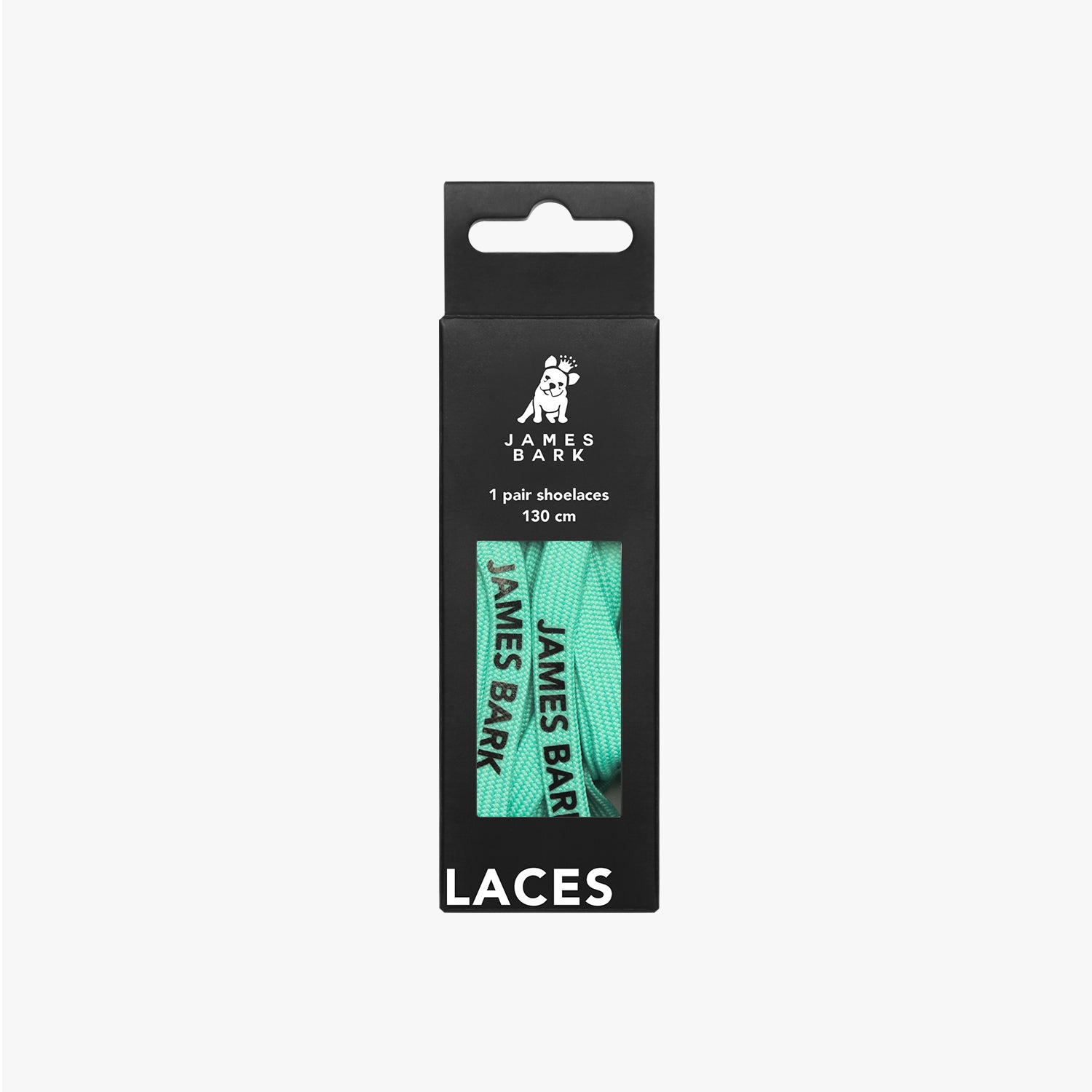 James Bark packaging for turquoise shoelaces.
