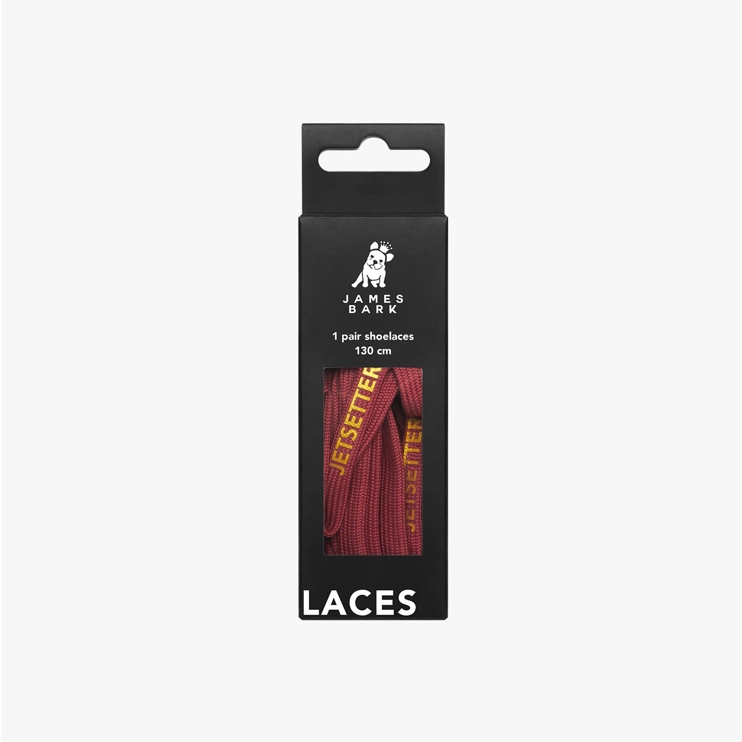 James Bark packaging for "Jetsetter" maroon shoelaces