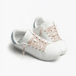 White leather James Bark sneakers with pink and grey striped shoelaces
