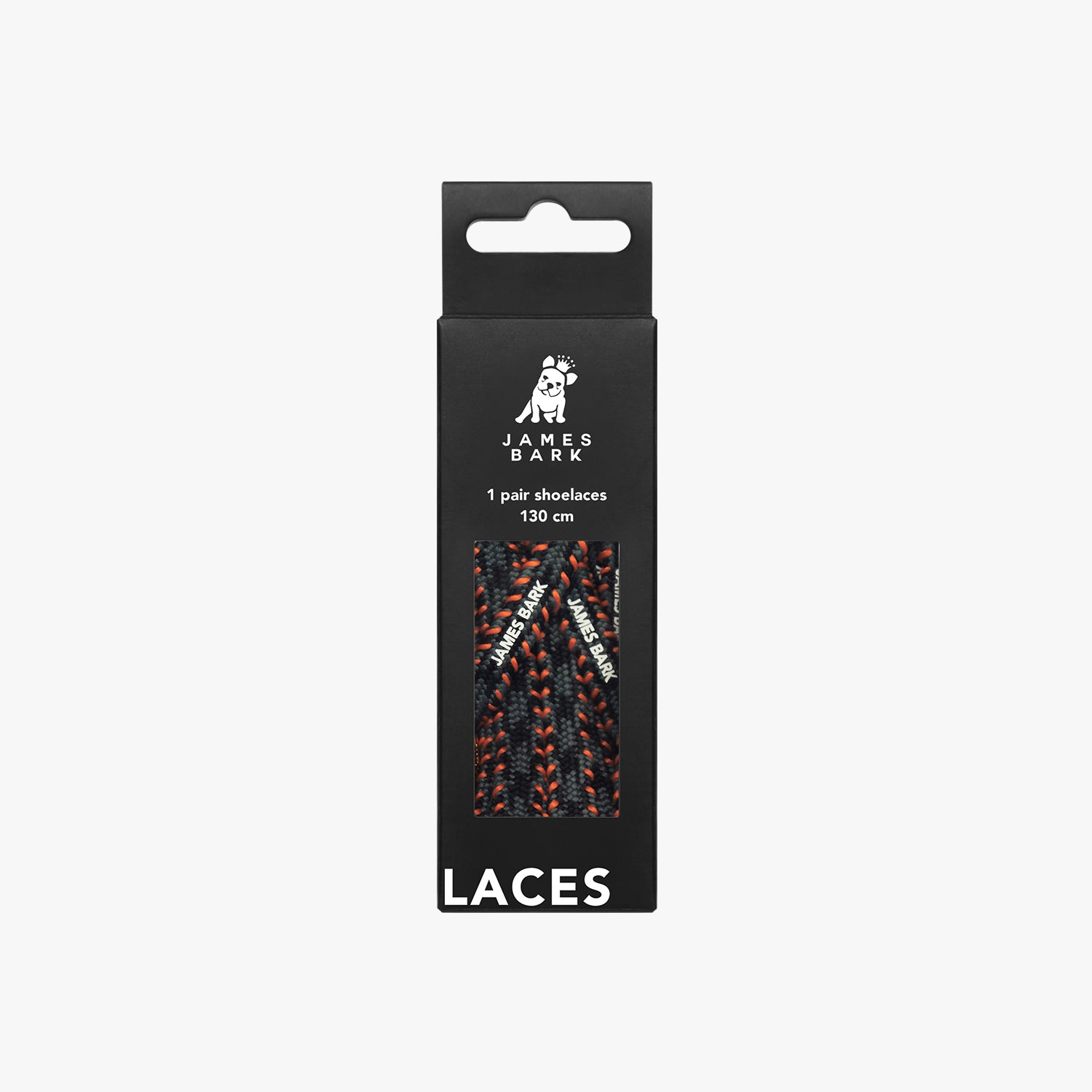 James Bark packaging for black, grey, and orange patterned shoelaces