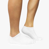 White socks worn with beige skin on a white background