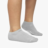 Gray ankle socks with a brand logo on a white background