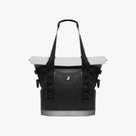 Black and white cooler bag with a visible brand logo on a white background