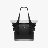 Black and white cooler bag with a visible brand logo on a white background