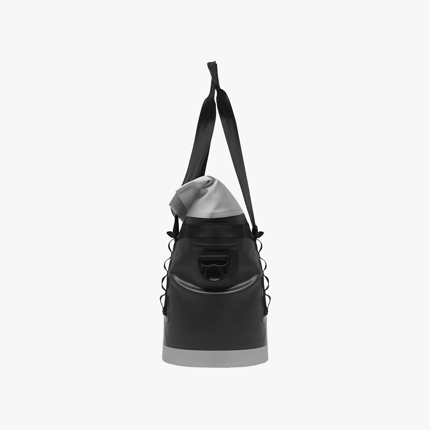 Side view of a black and white cooler bag on a light gray background