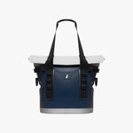 Blue cooler bag with black straps on a white background