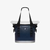 Blue cooler bag with black straps on a white background
