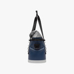 Side view of a blue and gray cooler bag with a black strap on a white background
