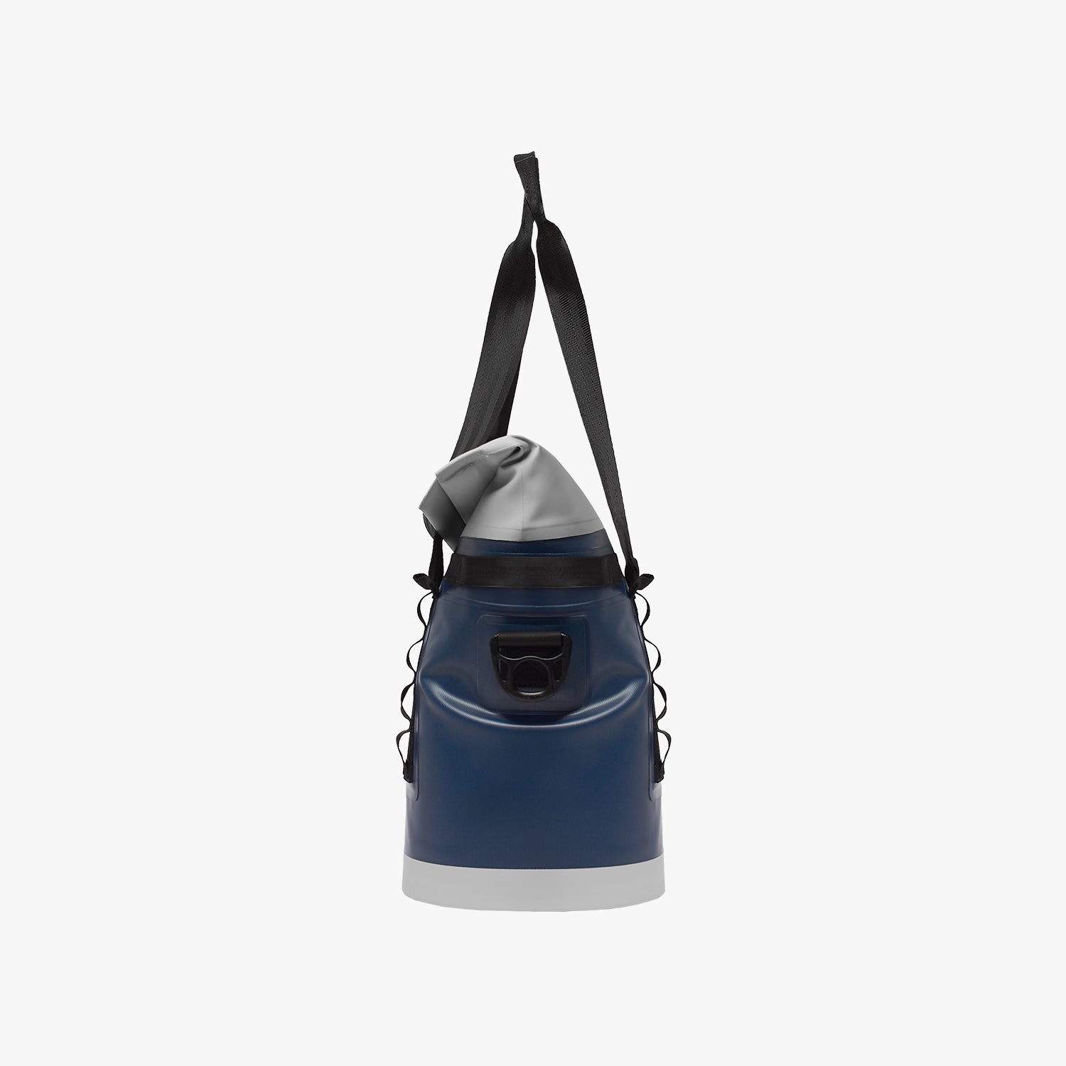 Side view of a blue and gray cooler bag with a black strap on a white background