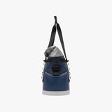 Side view of a blue and gray cooler bag with a black strap on a white background