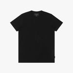 Black t-shirt with a brand label on a white background
