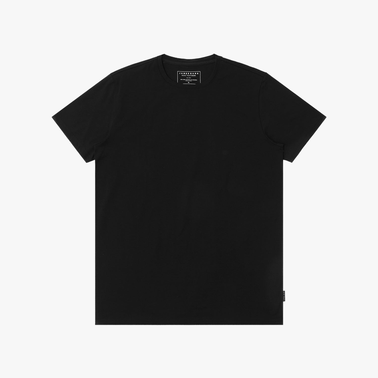 Black t-shirt with a brand label on a white background