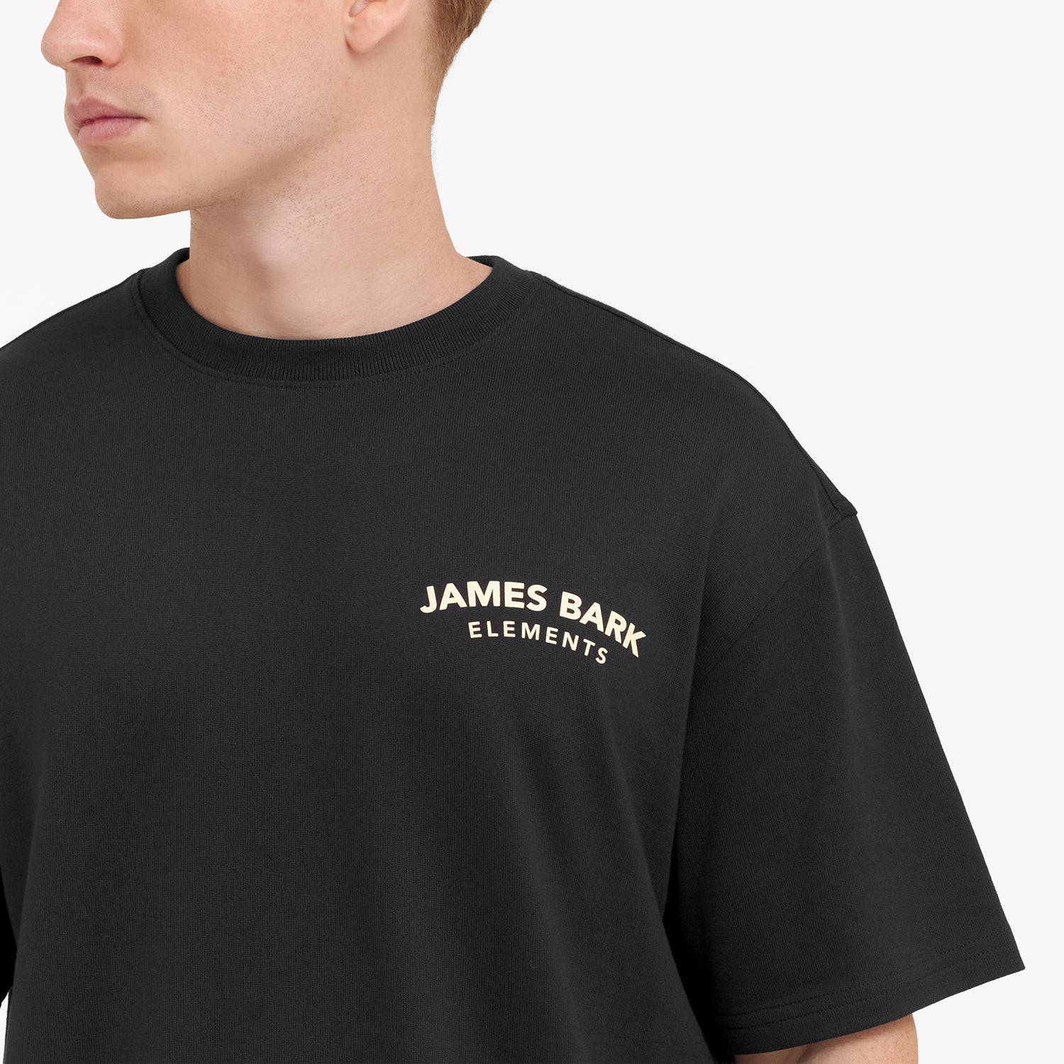 Close-up shot of the "JAMES BARK ELEMENTS" logo printed on the chest of the black t-shirt