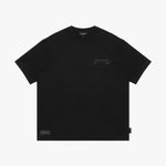 Black t-shirt with text on a white background