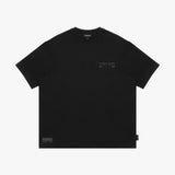 Black t-shirt with text on a white background