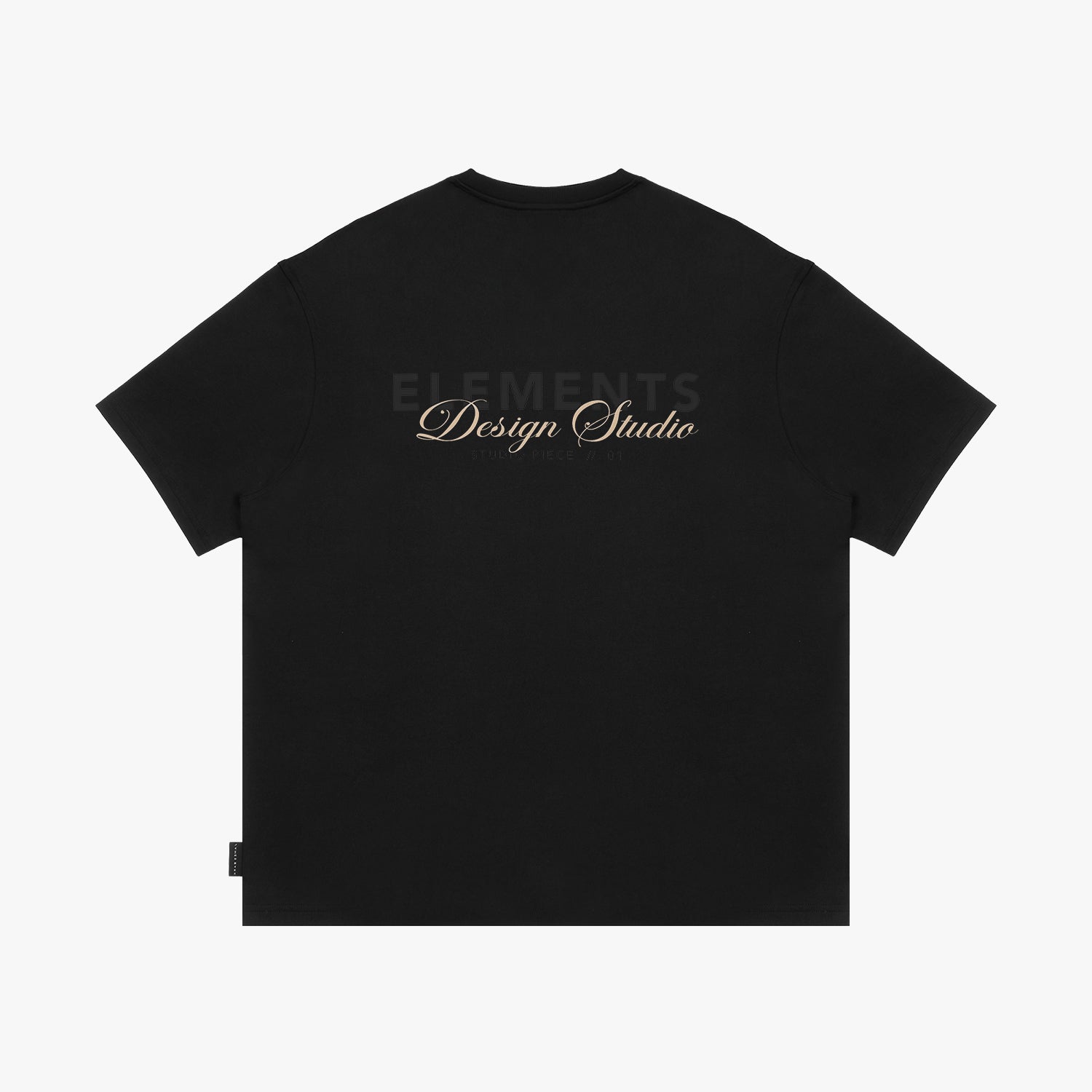 Black t-shirt with 'Elements Design Studio' text on a white background