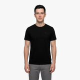 Man wearing a black t-shirt on a white background
