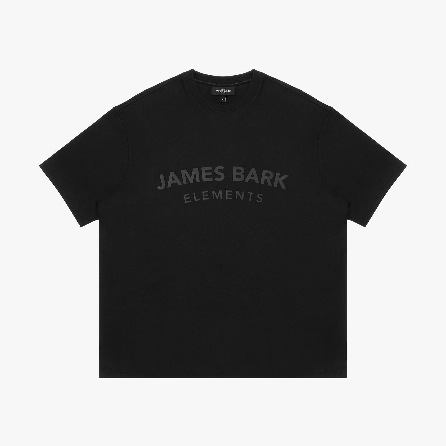 Black t-shirt with 'JAMES BARK ELEMENTS' text on a white background