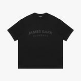 Black t-shirt with 'JAMES BARK ELEMENTS' text on a white background