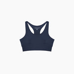 Navy blue sports bra with 'JAMES BARK' branding on a white background