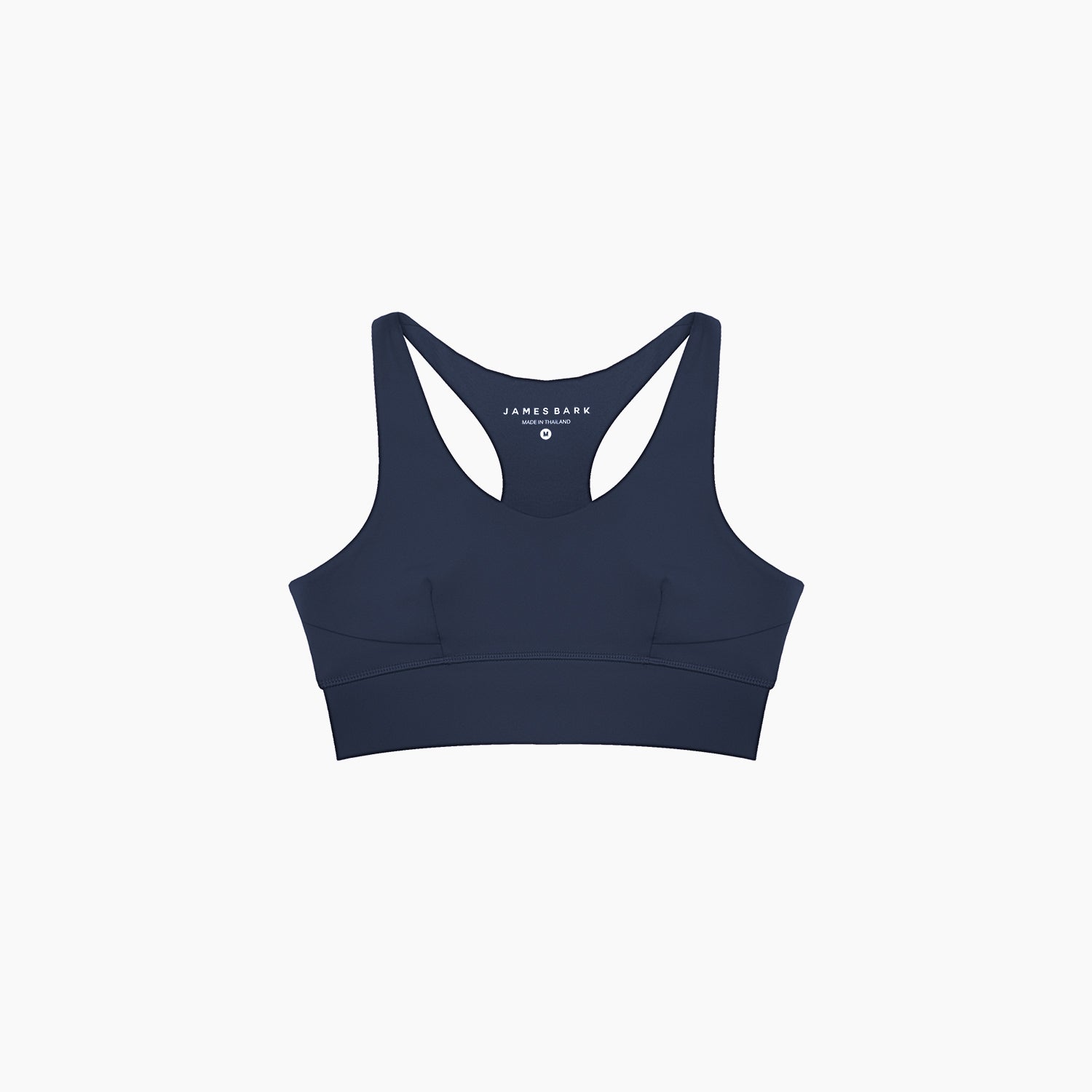 Navy blue sports bra with 'JAMES BARK' branding on a white background