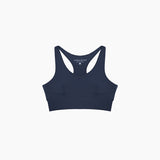 Navy blue sports bra with 'JAMES BARK' branding on a white background