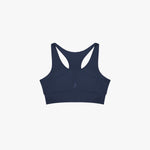 Navy blue sports bra on a light gray background