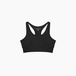 Black sports bra with 'James Bark' branding on a white background