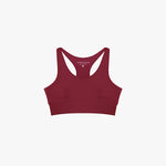 Red sports bra with 'James Bark' branding on a white background