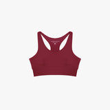 Red sports bra with 'James Bark' branding on a white background