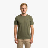 Man wearing an olive green t-shirt on a white background