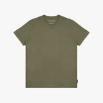 Green t-shirt with a small logo on a white background