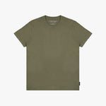 Green t-shirt with a small logo on a white background