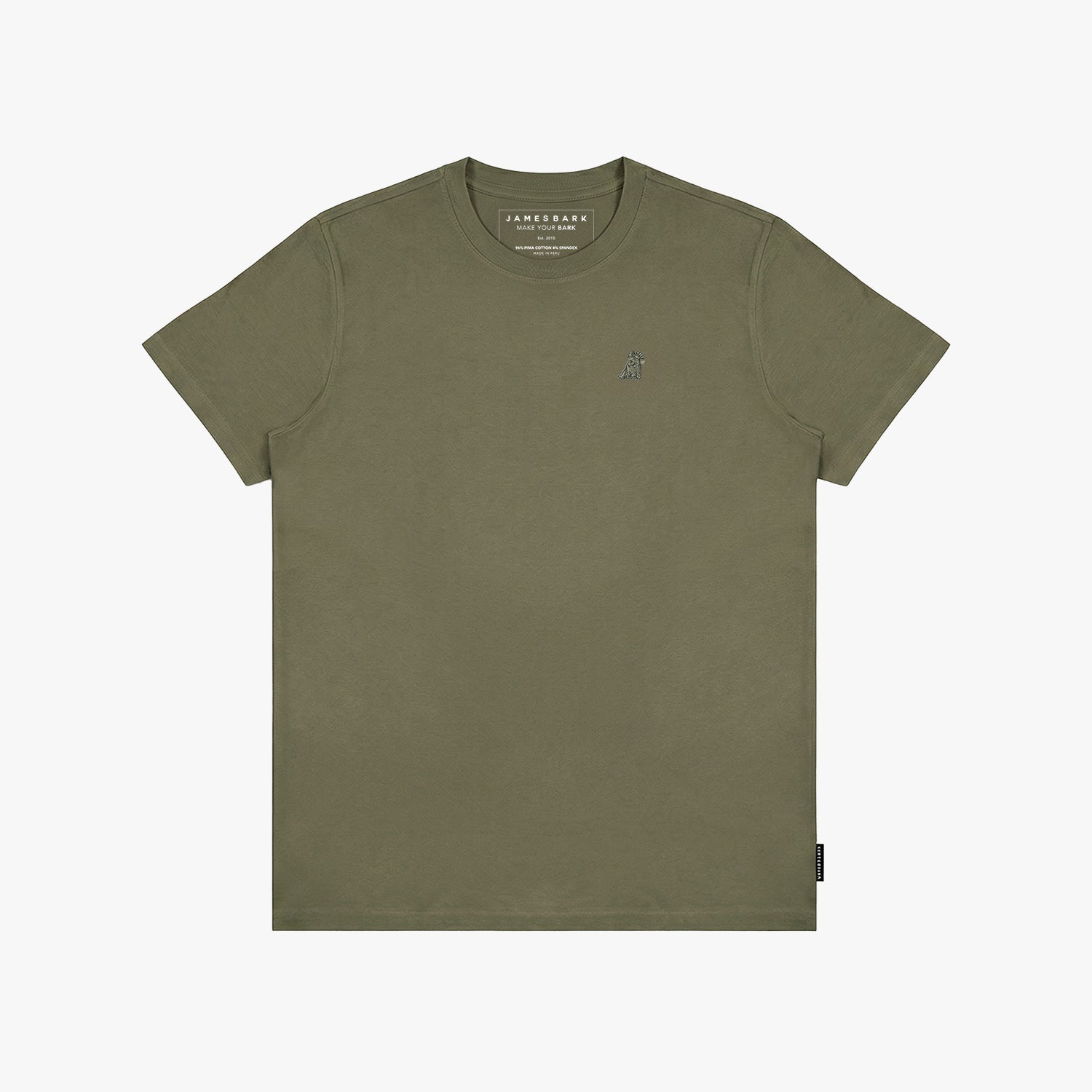 Green t-shirt with a small logo on a white background