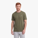 Man wearing a green t-shirt on a white background