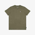 Green t-shirt with a small logo on a white background