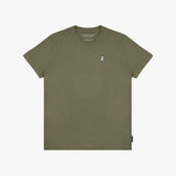 Green t-shirt with a small logo on a white background