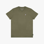 Burnt olive men's crew neck jersey t-shirt with a white embroidered logo on a white background