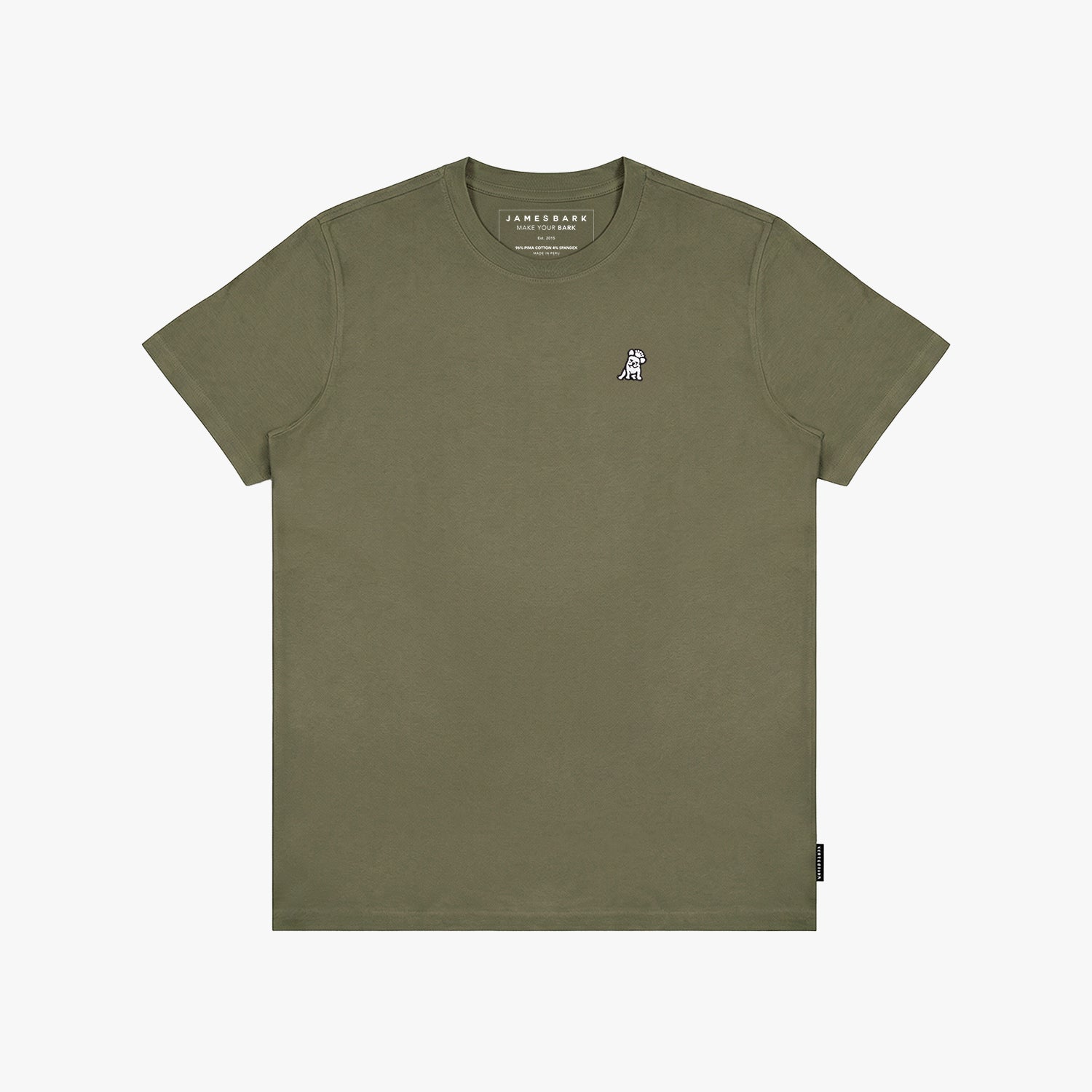 Burnt olive men's crew neck jersey t-shirt with a white embroidered logo on a white background
