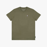 Burnt olive men's crew neck jersey t-shirt with a white embroidered logo on a white background
