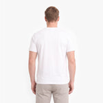 A man viewed from behind wearing a plain white short-sleeve crew-neck t-shirt