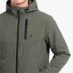 An olive green hooded jacket with a black front zipper and a vertical zippered chest pocket